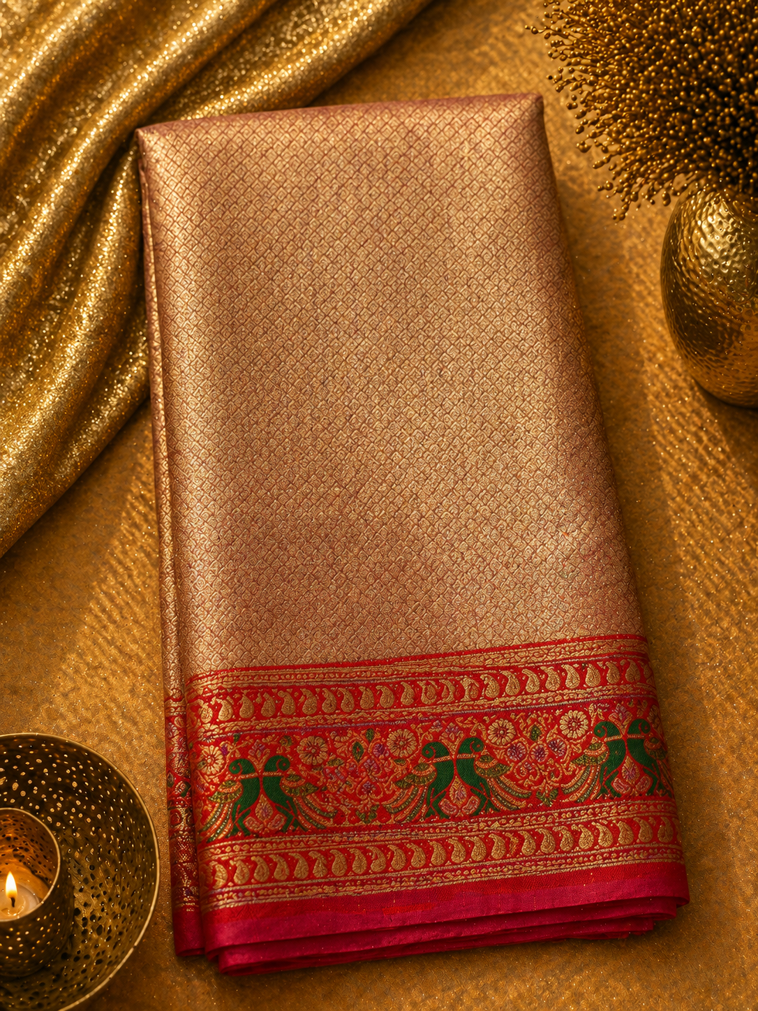 Dusty Rose Soft Silk Kanjivaram Saree with Crimson Meenakari Peacock Border