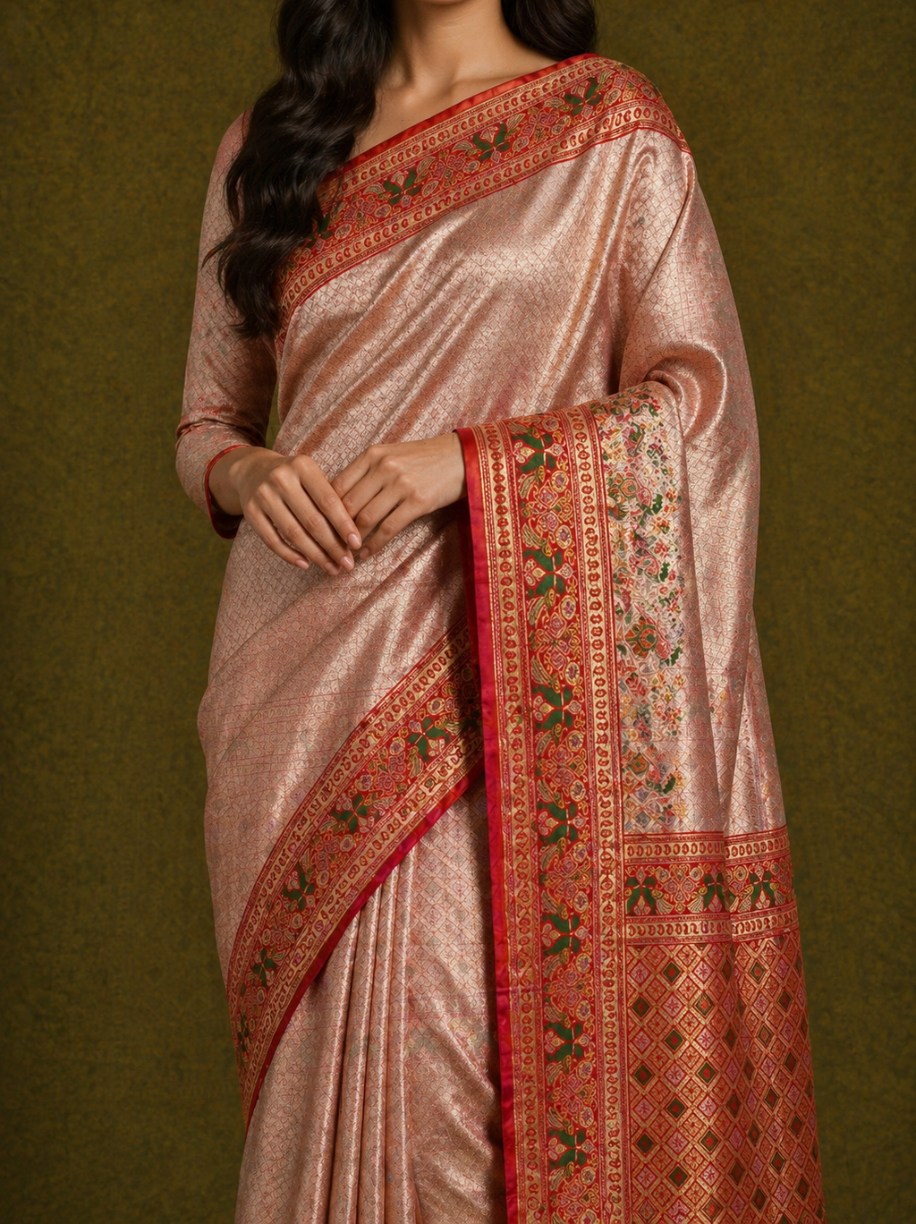 Dusty Rose Soft Silk Kanjivaram Saree with Crimson Meenakari Peacock Border