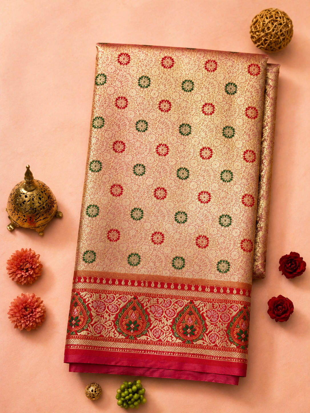 Warm Gold Soft Silk Kanjivaram Saree with Meenakari Floral Butti and Crimson Paisley Border