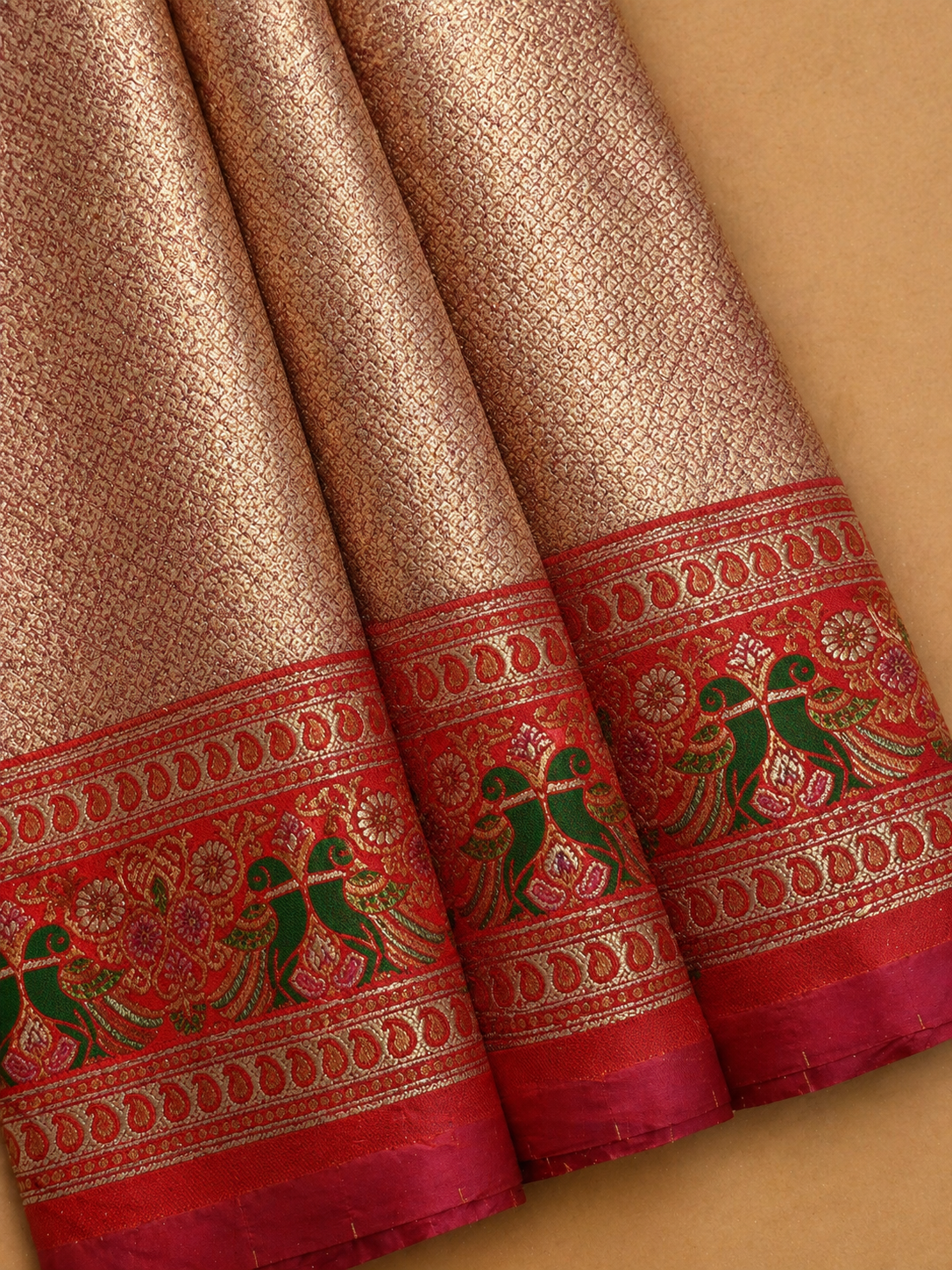 Dusty Rose Soft Silk Kanjivaram Saree with Crimson Meenakari Peacock Border