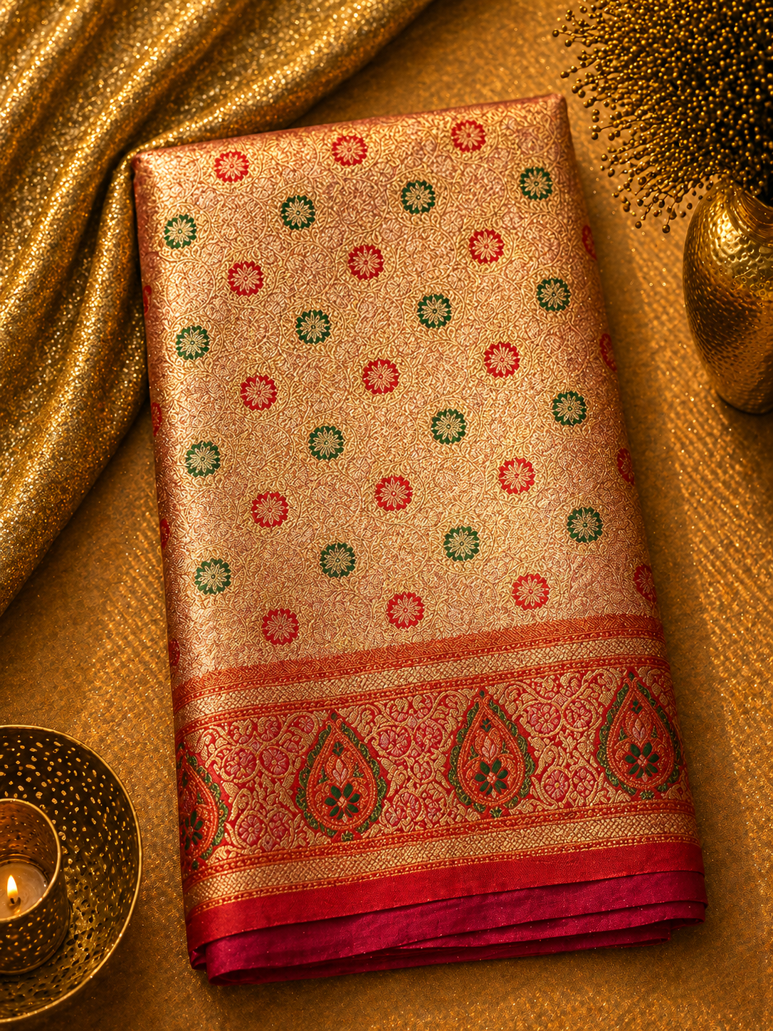 Warm Gold Soft Silk Kanjivaram Saree with Meenakari Floral Butti and Crimson Paisley Border