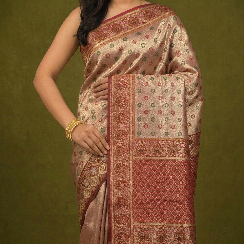Warm Gold Soft Silk Kanjivaram Saree with Meenakari Floral Butti and Crimson Paisley Border