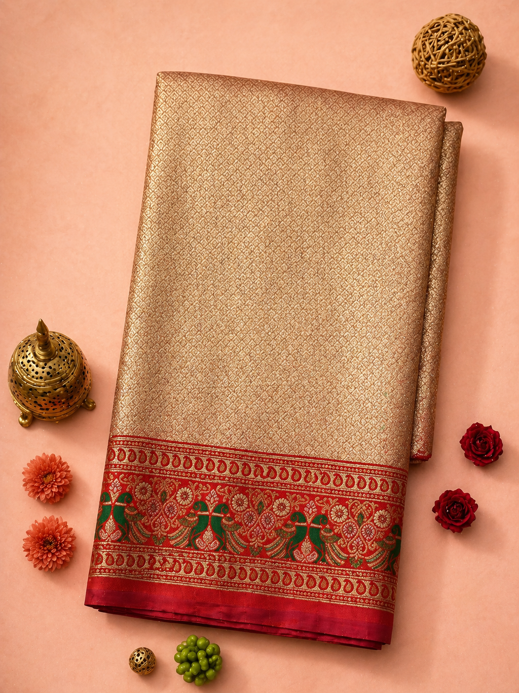Dusty Rose Soft Silk Kanjivaram Saree with Crimson Meenakari Peacock Border
