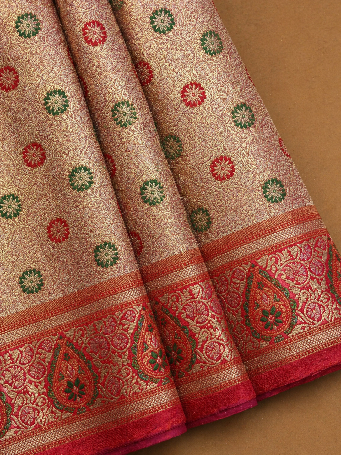 Warm Gold Soft Silk Kanjivaram Saree with Meenakari Floral Butti and Crimson Paisley Border