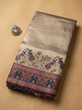 Lavender Silver Soft Silk Kanjivaram Saree with Wine Meenakari Peacock Nature Border