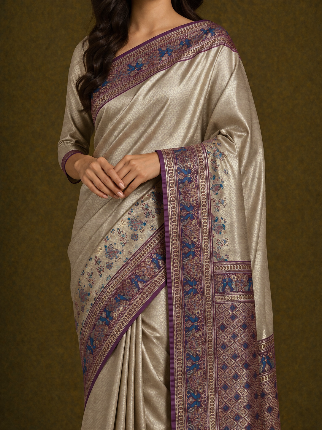 Lavender Silver Soft Silk Kanjivaram Saree with Wine Meenakari Peacock Nature Border