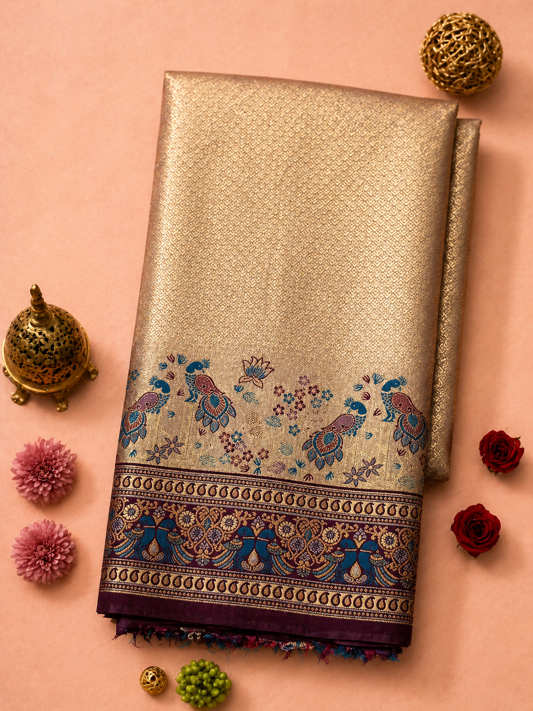 Lavender Silver Soft Silk Kanjivaram Saree with Wine Meenakari Peacock Nature Border