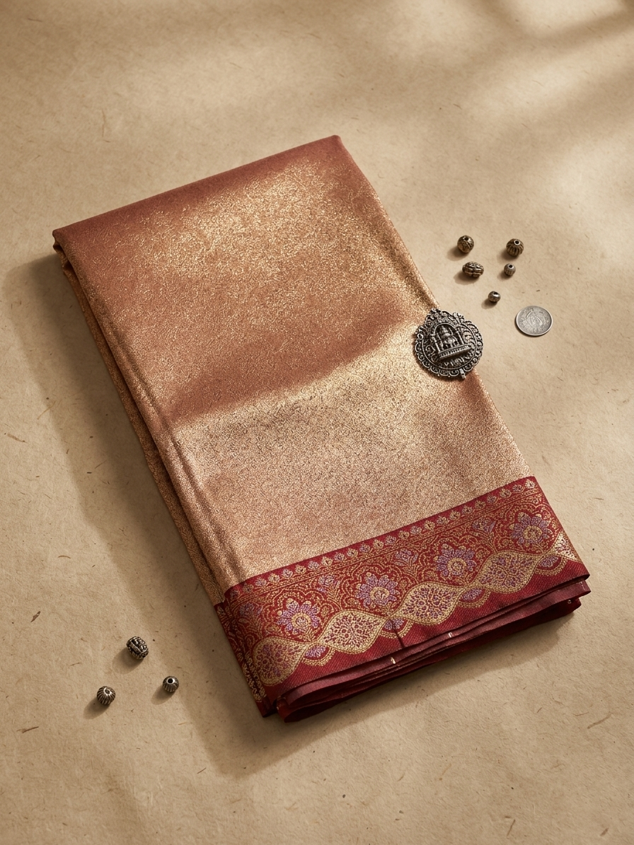 Copper Rose Gold Soft Silk Kanjivaram Saree with Crimson Meenakari Floral Wave Border