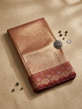 Copper Rose Gold Soft Silk Kanjivaram Saree with Crimson Meenakari Floral Wave Border