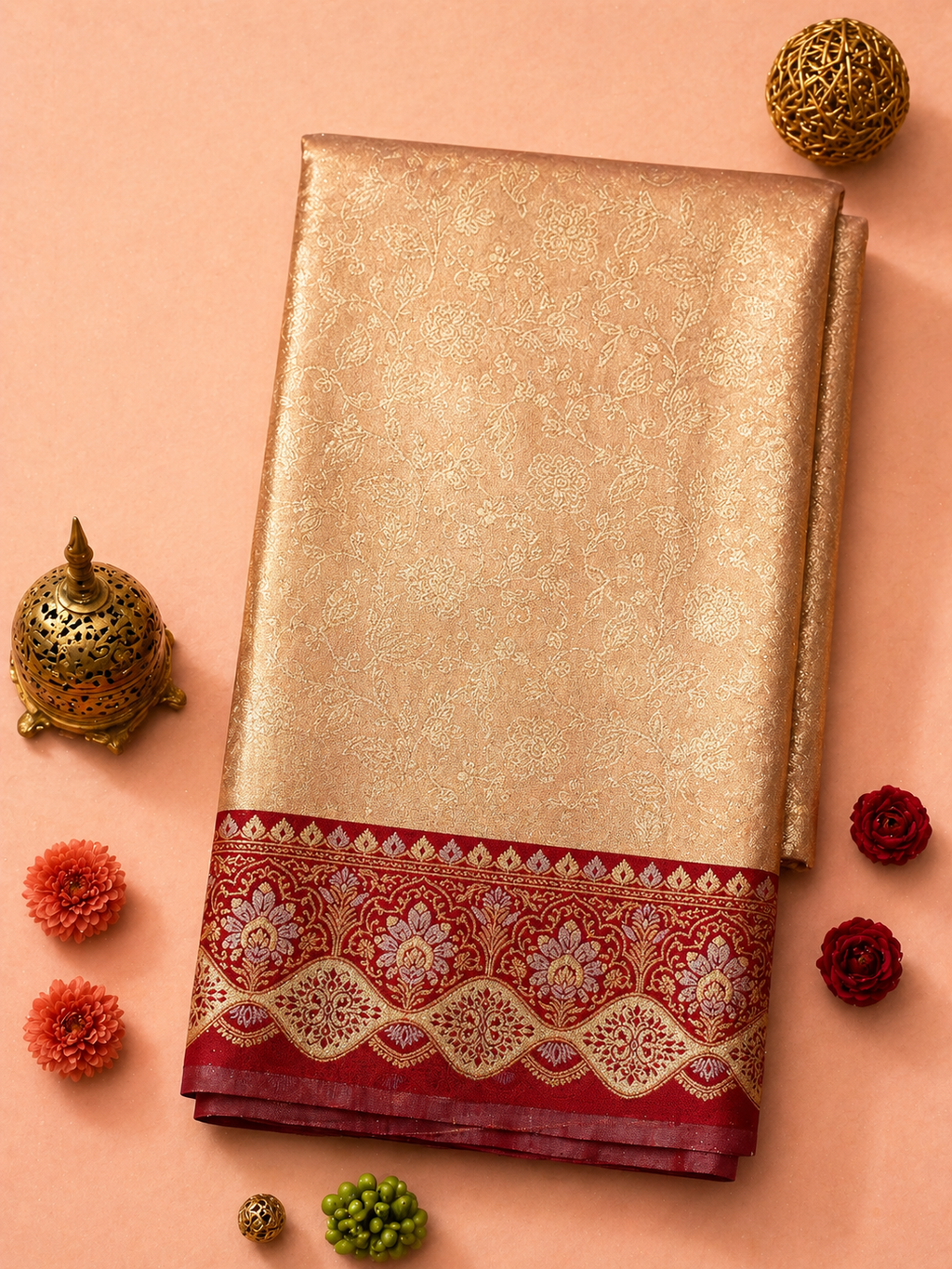 Copper Rose Gold Soft Silk Kanjivaram Saree with Crimson Meenakari Floral Wave Border