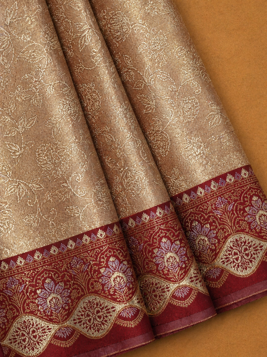 Copper Rose Gold Soft Silk Kanjivaram Saree with Crimson Meenakari Floral Wave Border