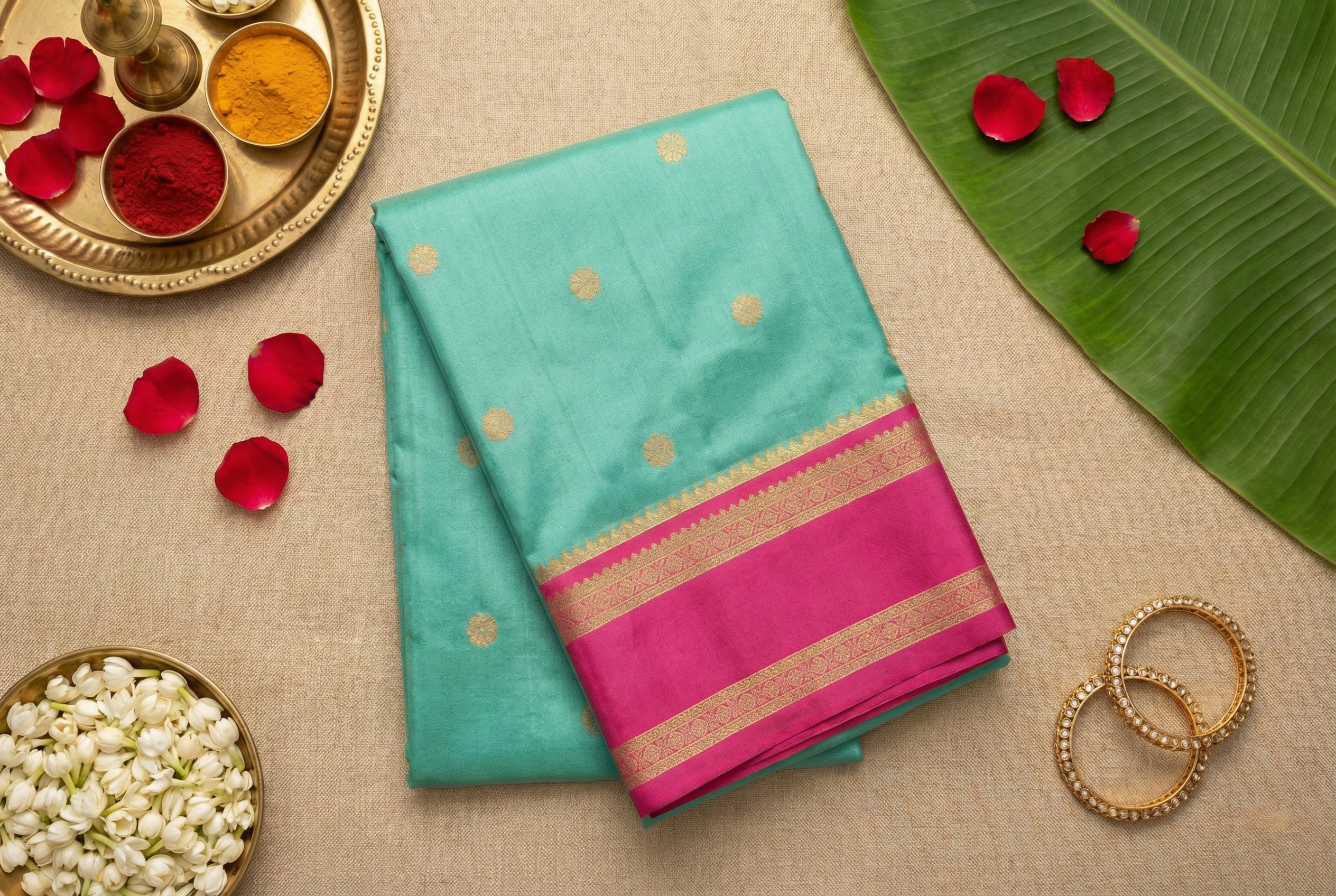 Sea Green & Pink Narayan Peth Soft Silk Saree