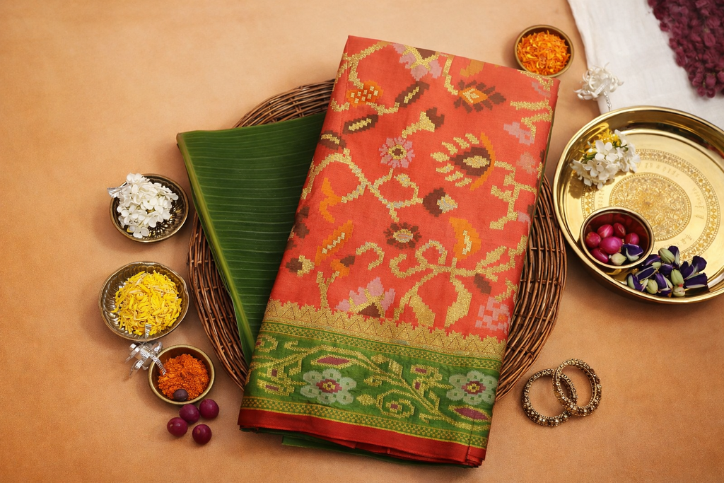 Vibrant Orange & Green Border Pochampally Ikat Soft Silk Saree