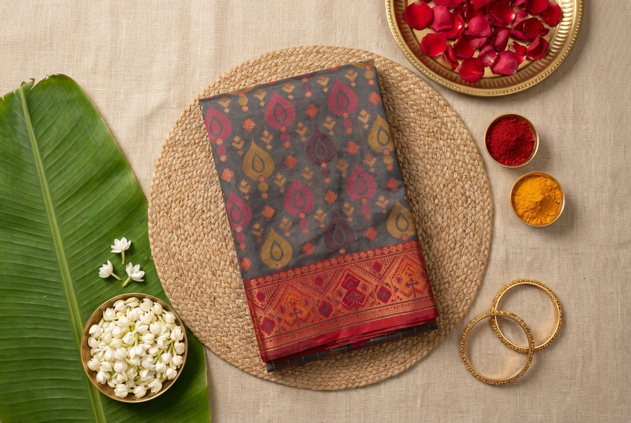Charcoal Grey & Red Pochampally Ikkat Silk Saree