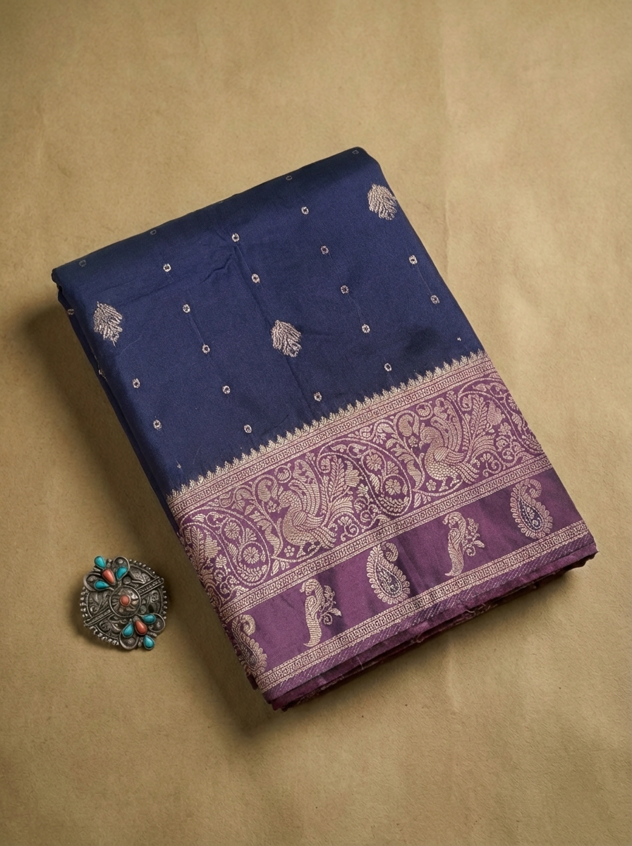 Regal Navy Blue Resham Silk Saree with Purple Zari Border