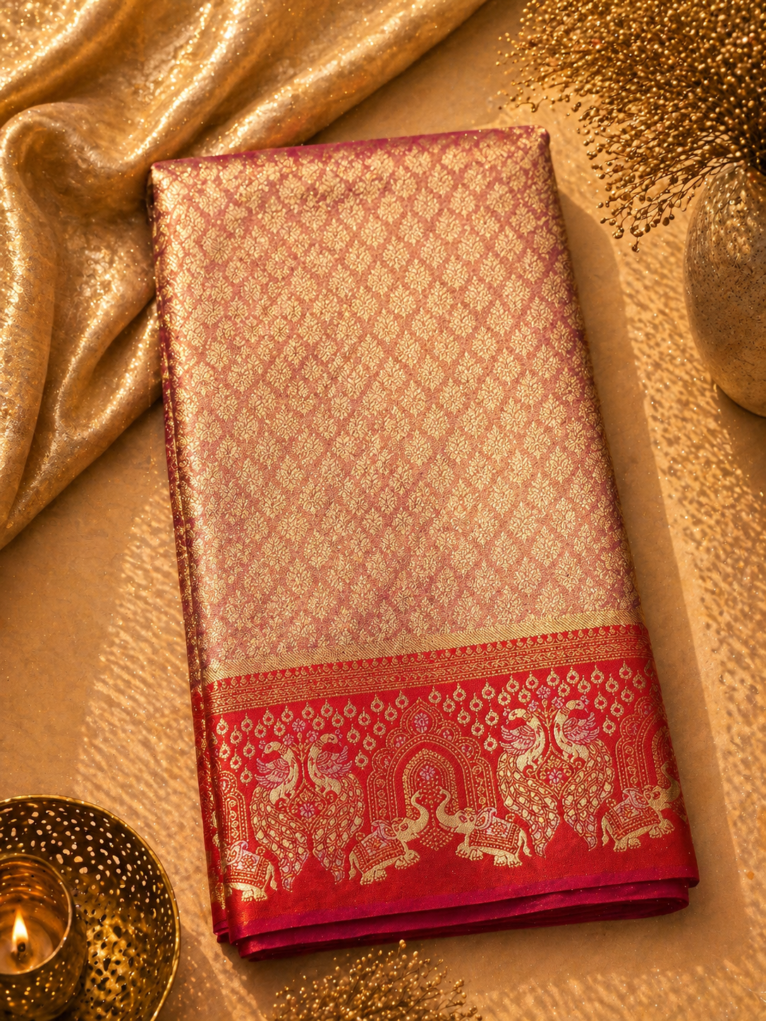 Pink-Rose Gold Soft Silk Kanjivaram Saree with Crimson Elephant Arch Border