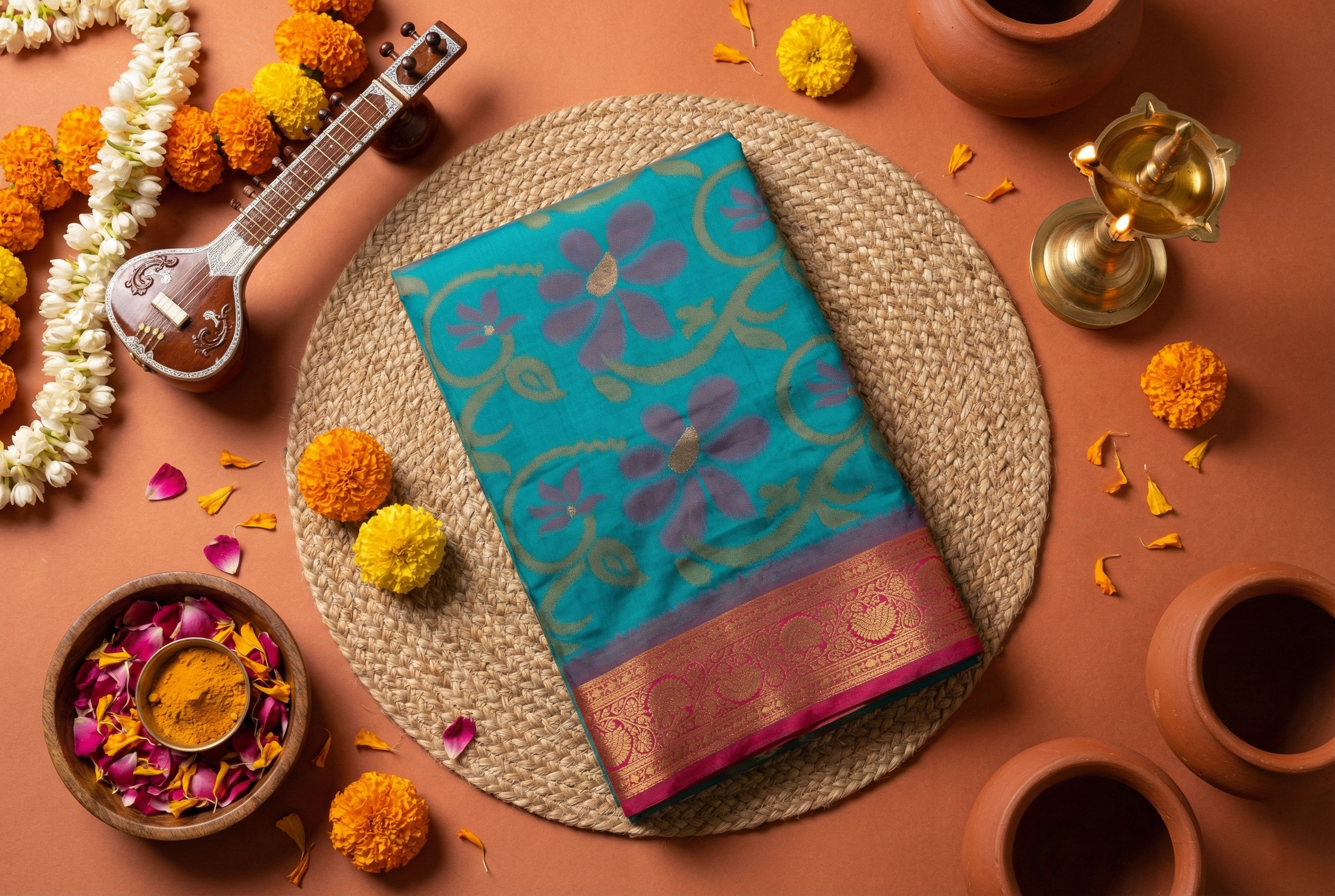 PI 10 Teal Blue & Pink Zari Floral Silk Saree