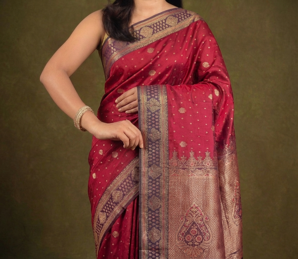 Classic Pink & Maroon Resham Silk Saree With Zari Work - No. AA2602