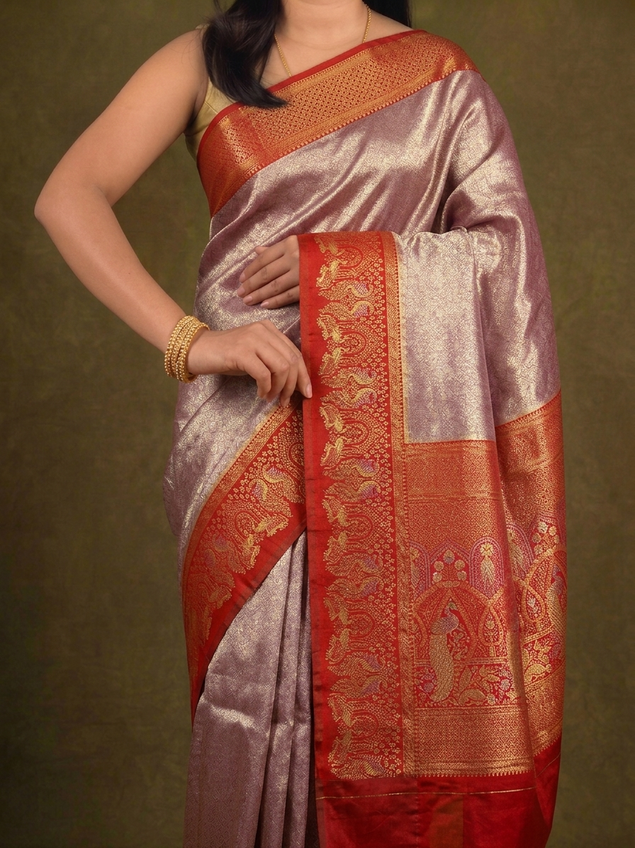 Pink-Rose Gold Soft Silk Kanjivaram Saree with Crimson Elephant Arch Border
