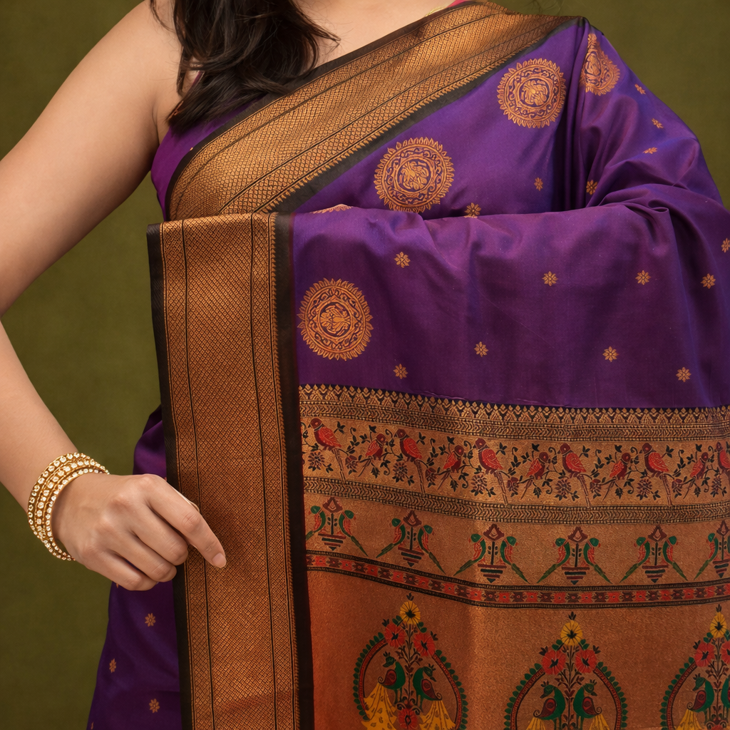 Royal Purple & Copper Paithani Soft Silk Saree