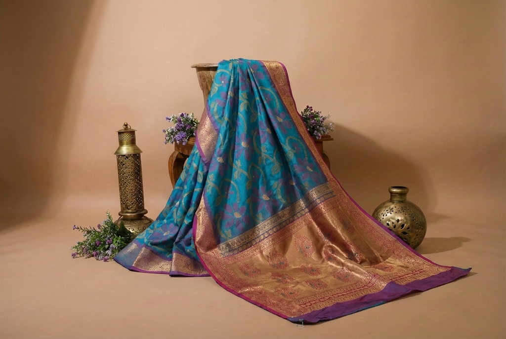 PI 10 Teal Blue & Pink Zari Floral Silk Saree