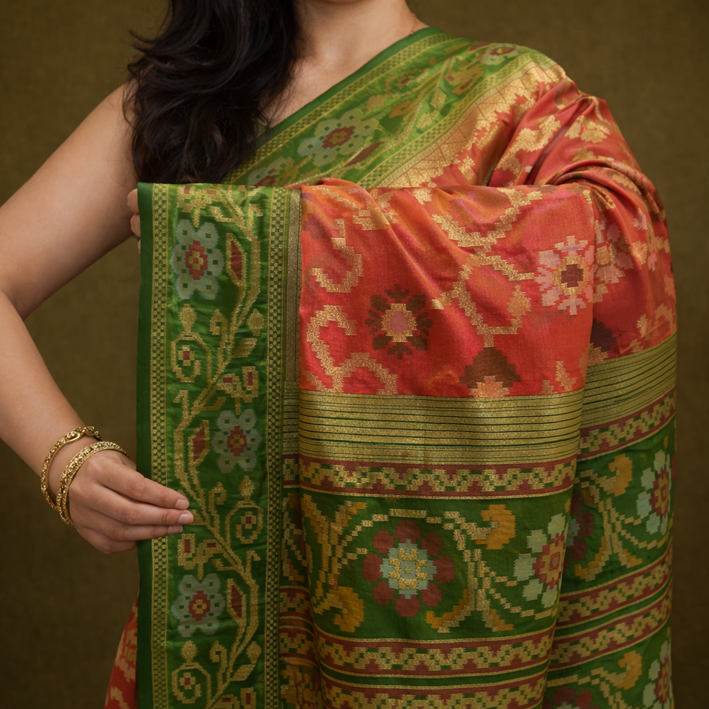 Vibrant Orange & Green Border Pochampally Ikat Soft Silk Saree