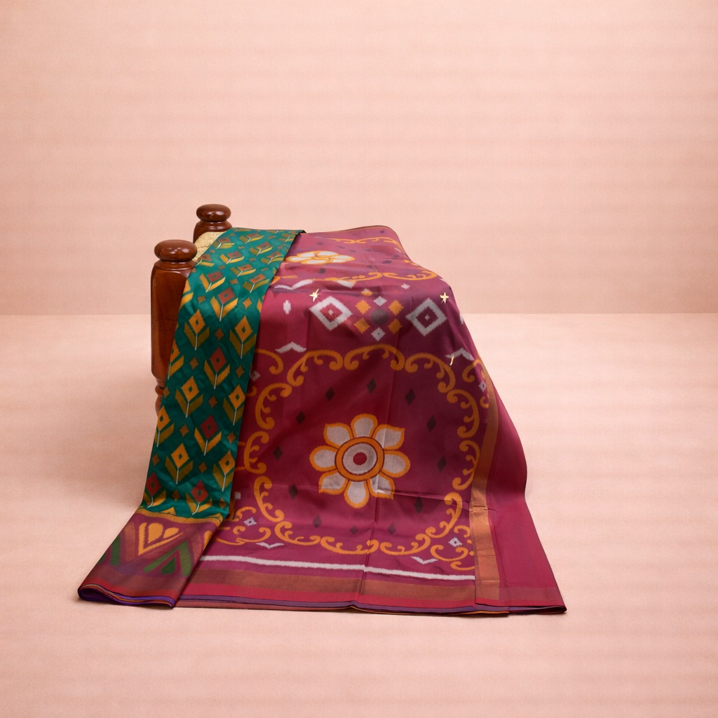 PIK-002 – Emerald Green & Maroon Pochampally Ikkat Silk Saree