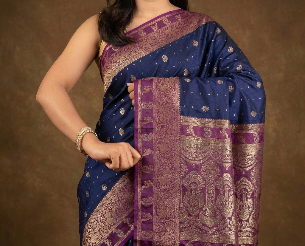 Regal Navy Blue Resham Silk Saree with Purple Zari Border