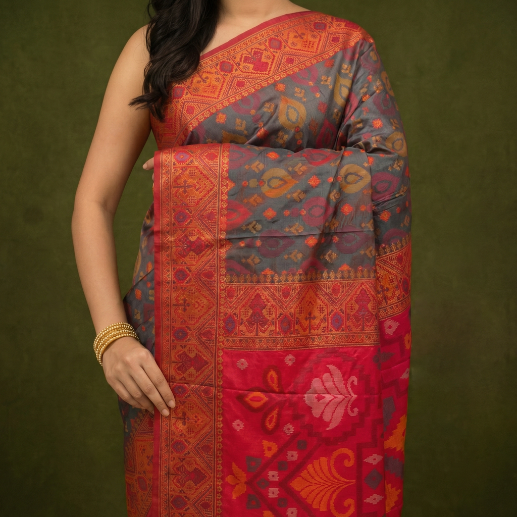 Charcoal Grey & Red Pochampally Ikkat Silk Saree