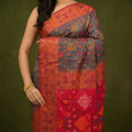 Charcoal Grey & Red Pochampally Ikkat Silk Saree