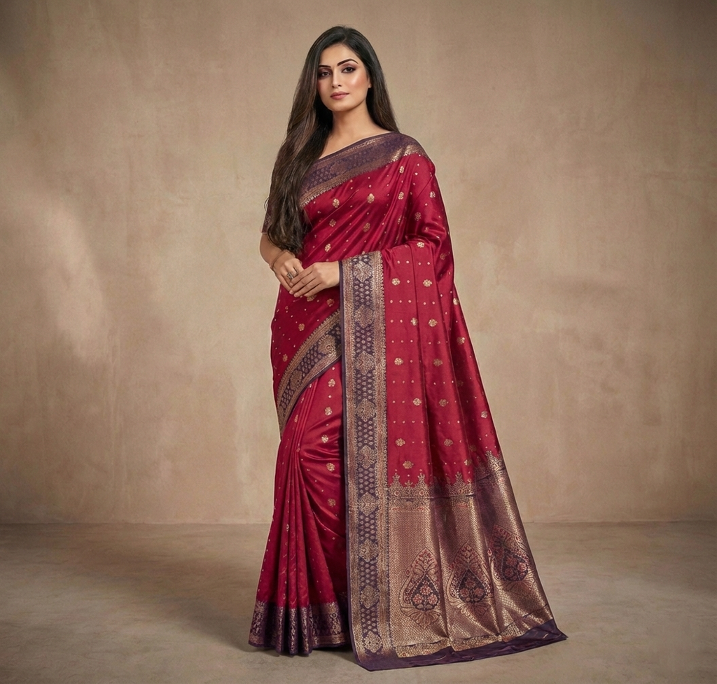 Classic Pink & Maroon Resham Silk Saree With Zari Work - No. AA2602