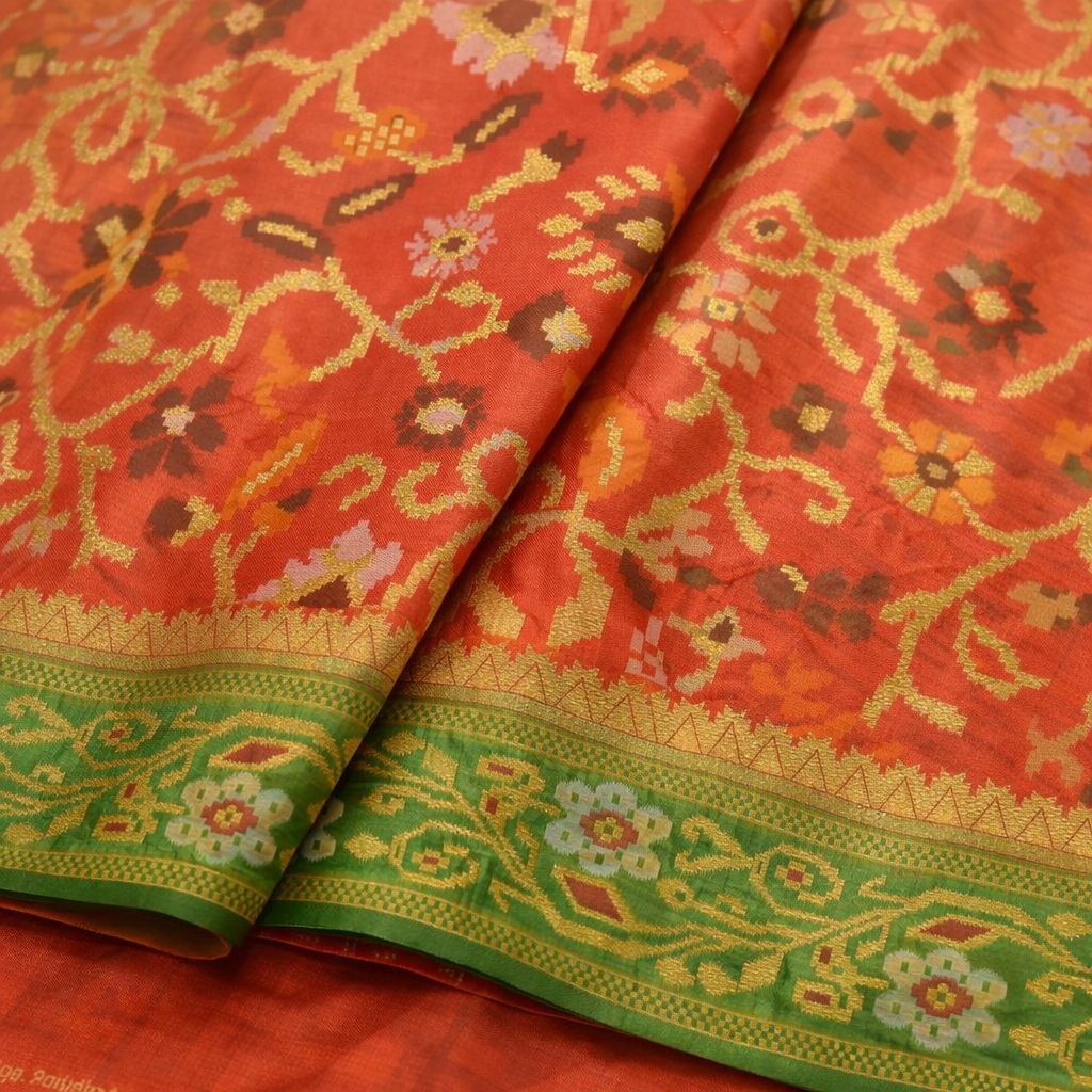 Vibrant Orange & Green Border Pochampally Ikat Soft Silk Saree