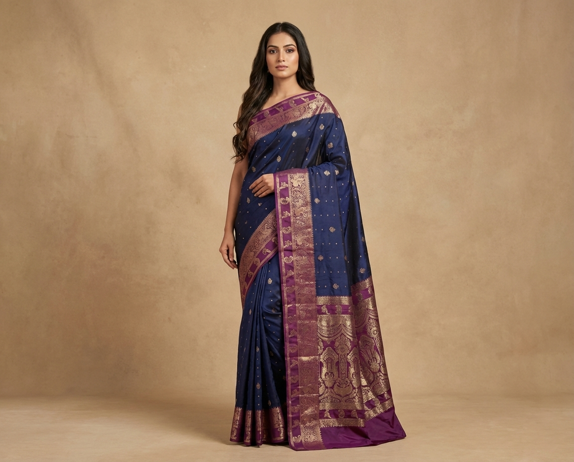Regal Navy Blue Resham Silk Saree with Purple Zari Border