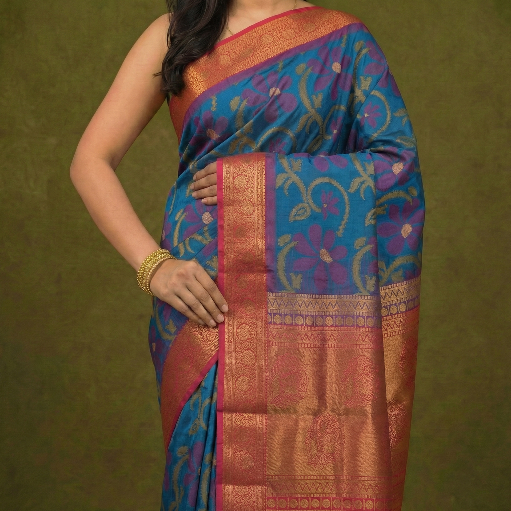 PI 10 Teal Blue & Pink Zari Floral Silk Saree