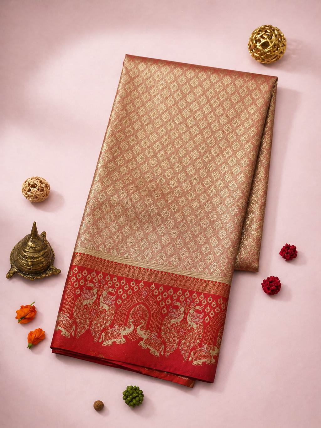 Pink-Rose Gold Soft Silk Kanjivaram Saree with Crimson Elephant Arch Border