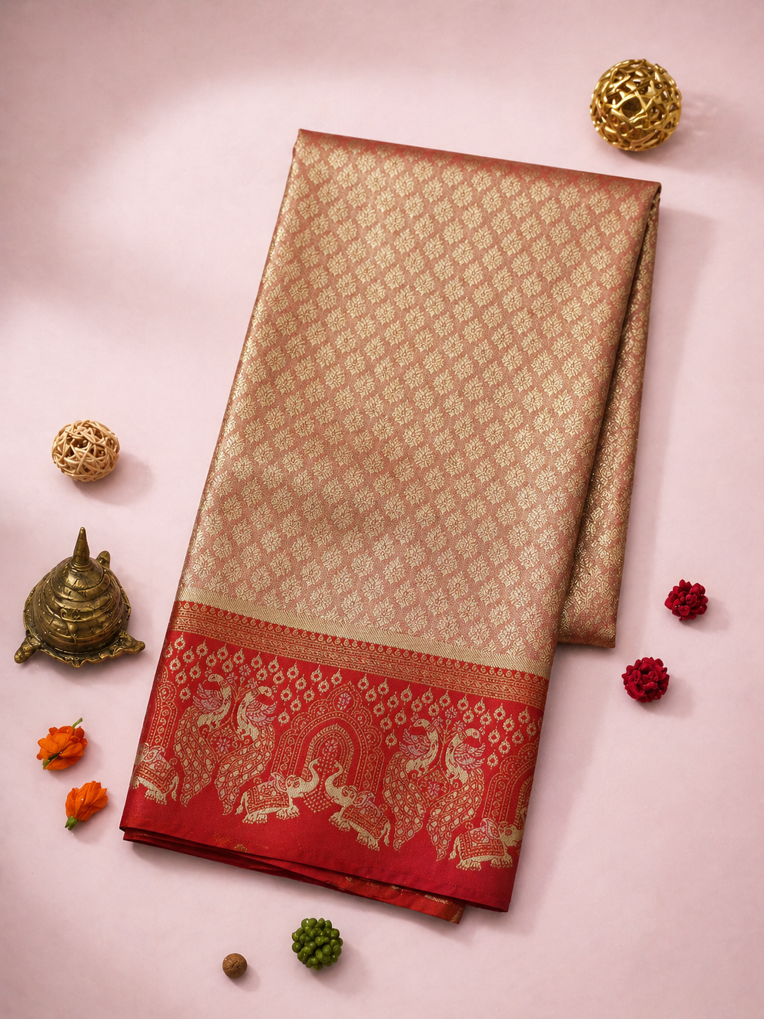 Pink-Rose Gold Soft Silk Kanjivaram Saree with Crimson Elephant Arch Border