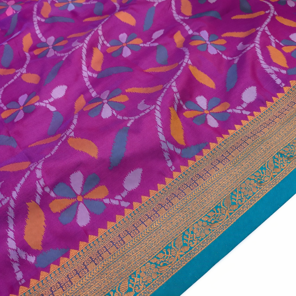 Royal Purple & Teal Ikkat Woven Soft Silk Saree