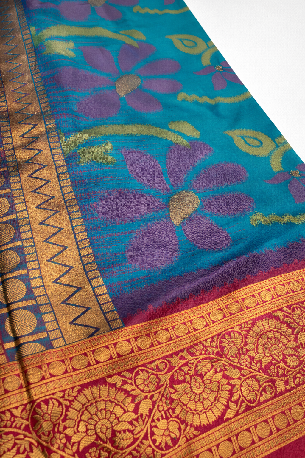 PI 10 Teal Blue & Pink Zari Floral Silk Saree