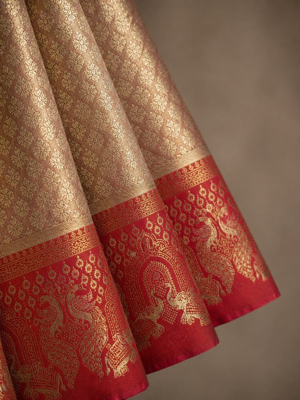 Pink-Rose Gold Soft Silk Kanjivaram Saree with Crimson Elephant Arch Border