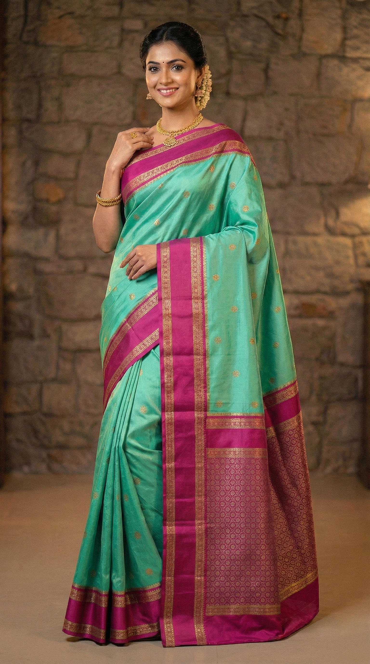 Sea Green & Pink Narayan Peth Soft Silk Saree