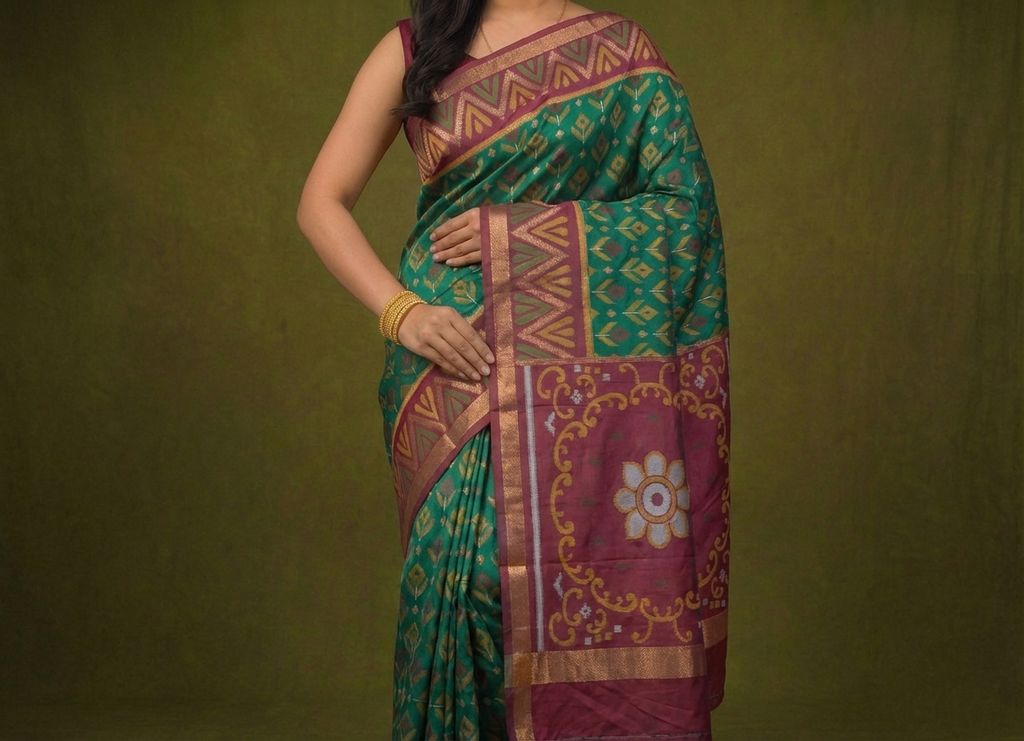 PIK-002 – Emerald Green & Maroon Pochampally Ikkat Silk Saree