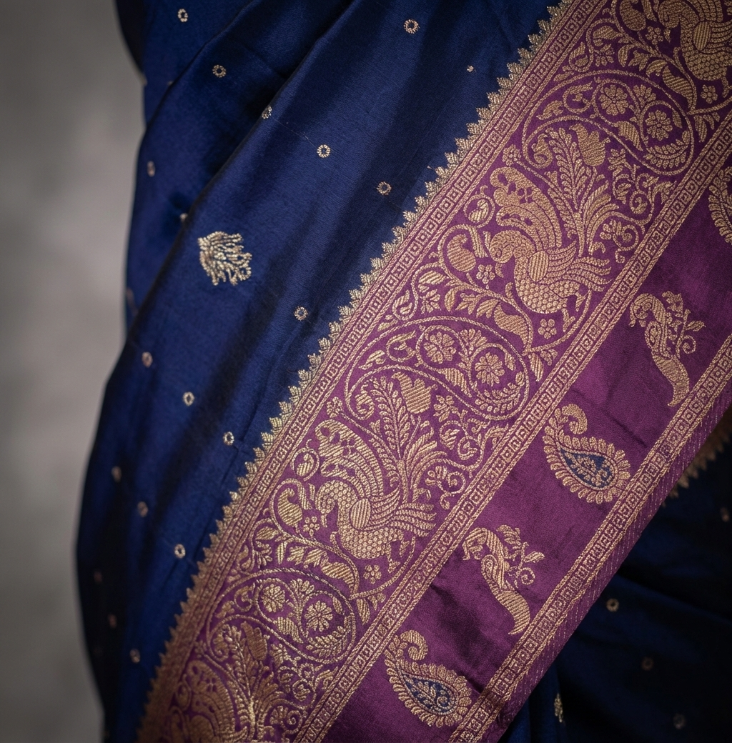 Regal Navy Blue Resham Silk Saree with Purple Zari Border