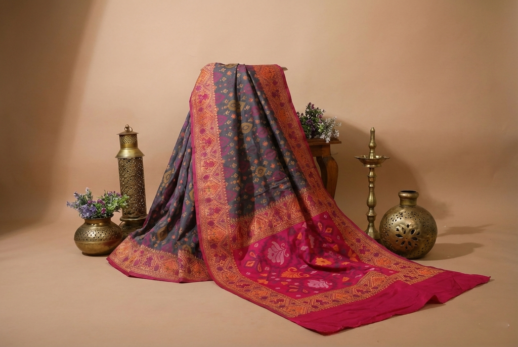 Charcoal Grey & Red Pochampally Ikkat Silk Saree