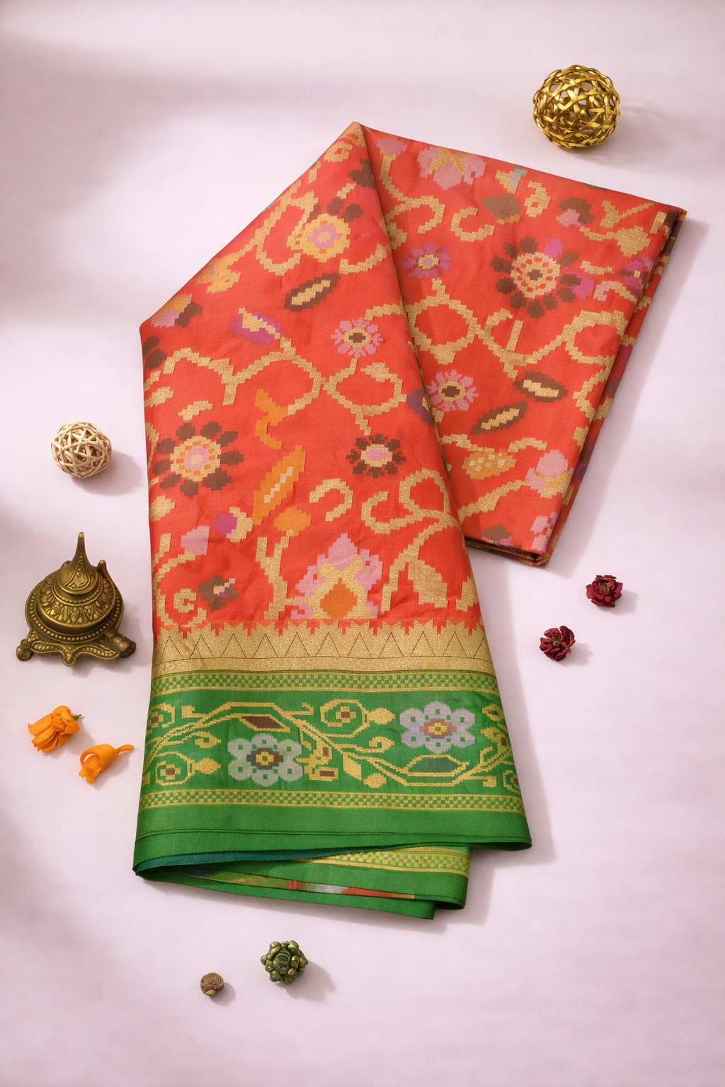 Vibrant Orange & Green Border Pochampally Ikat Soft Silk Saree