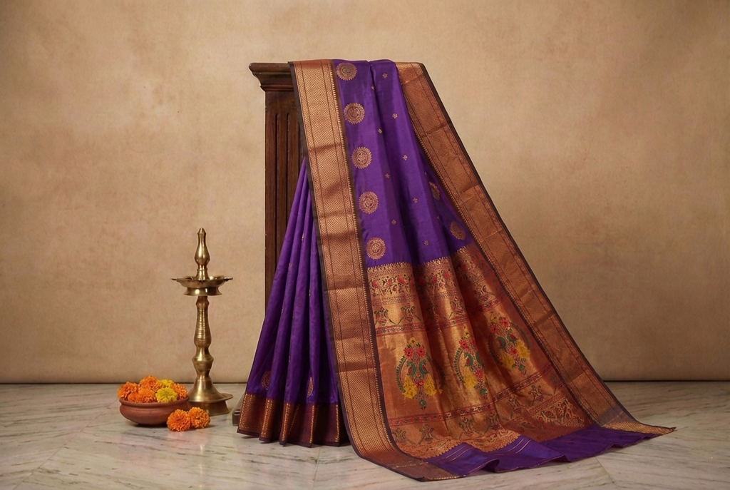 Royal Purple & Copper Paithani Soft Silk Saree