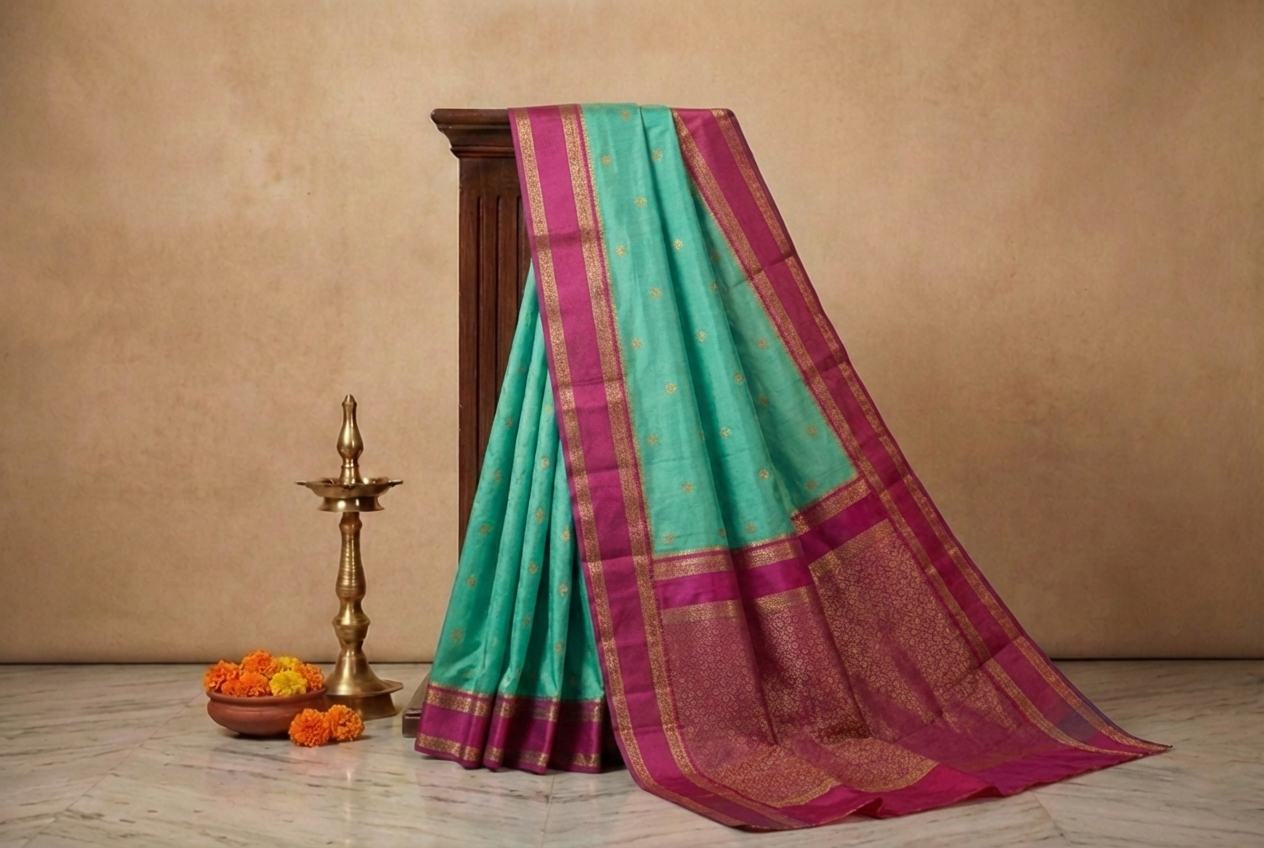 Sea Green & Pink Narayan Peth Soft Silk Saree