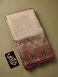 Blush Pink Soft Silk Kanjivaram Saree with Wine Meenakari Peacock and Floral Nature Border