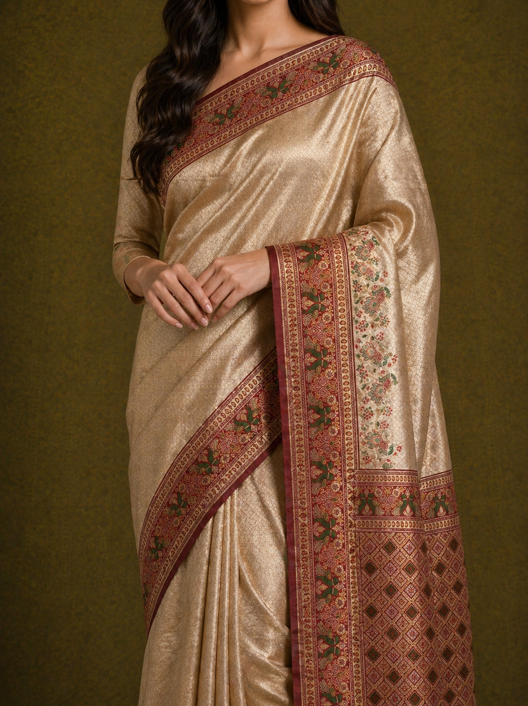 Blush Pink Soft Silk Kanjivaram Saree with Wine Meenakari Peacock and Floral Nature Border