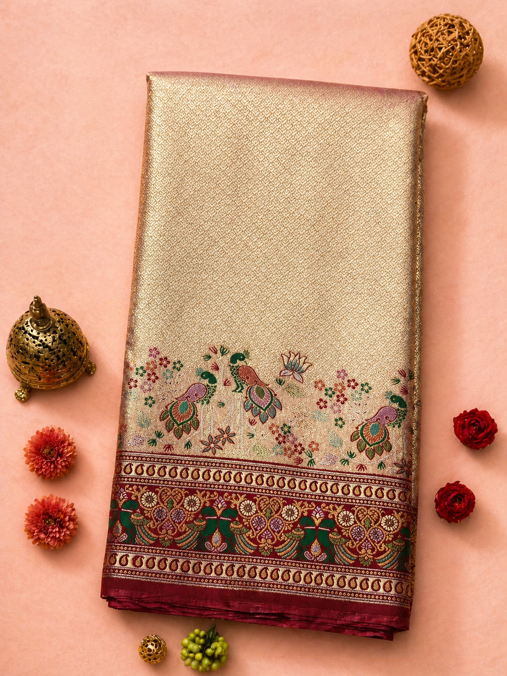 Blush Pink Soft Silk Kanjivaram Saree with Wine Meenakari Peacock and Floral Nature Border