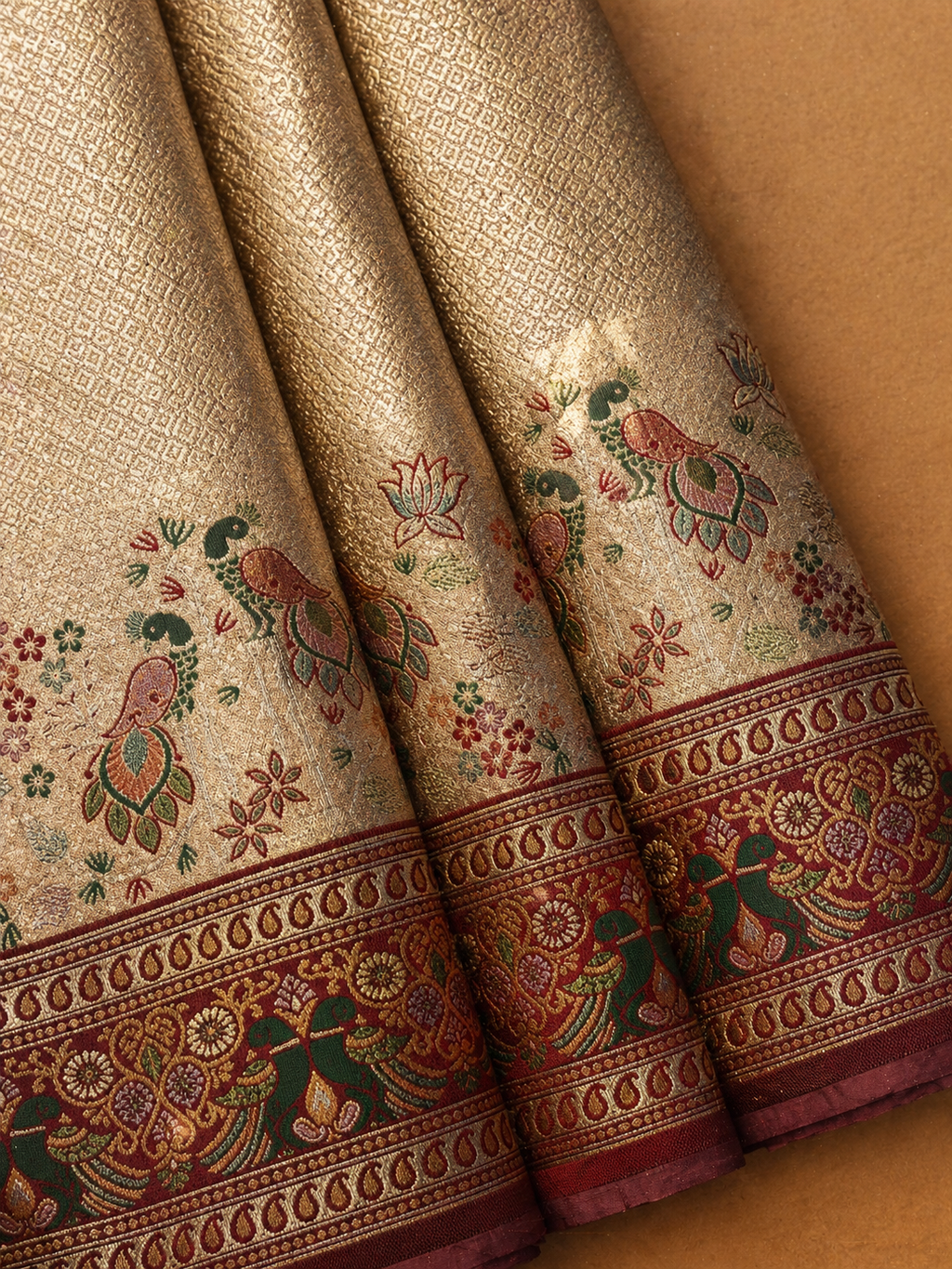 Blush Pink Soft Silk Kanjivaram Saree with Wine Meenakari Peacock and Floral Nature Border